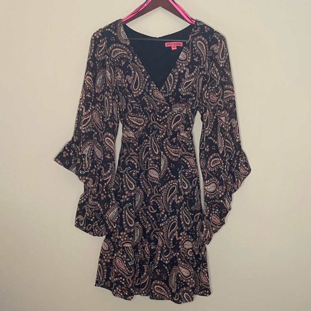 BETSEY JOHNSON PAISLEY PRINT BOHO RUFFLED DRESS BROWN AND PINK SZ 8